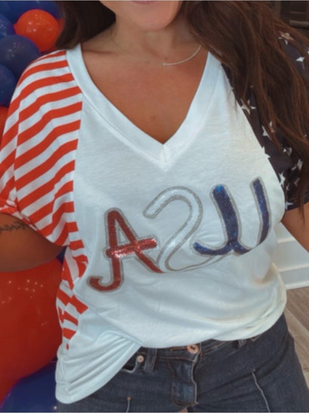 Lilly Flag sleeve White V-Neck Tee with Red & Blue Accents